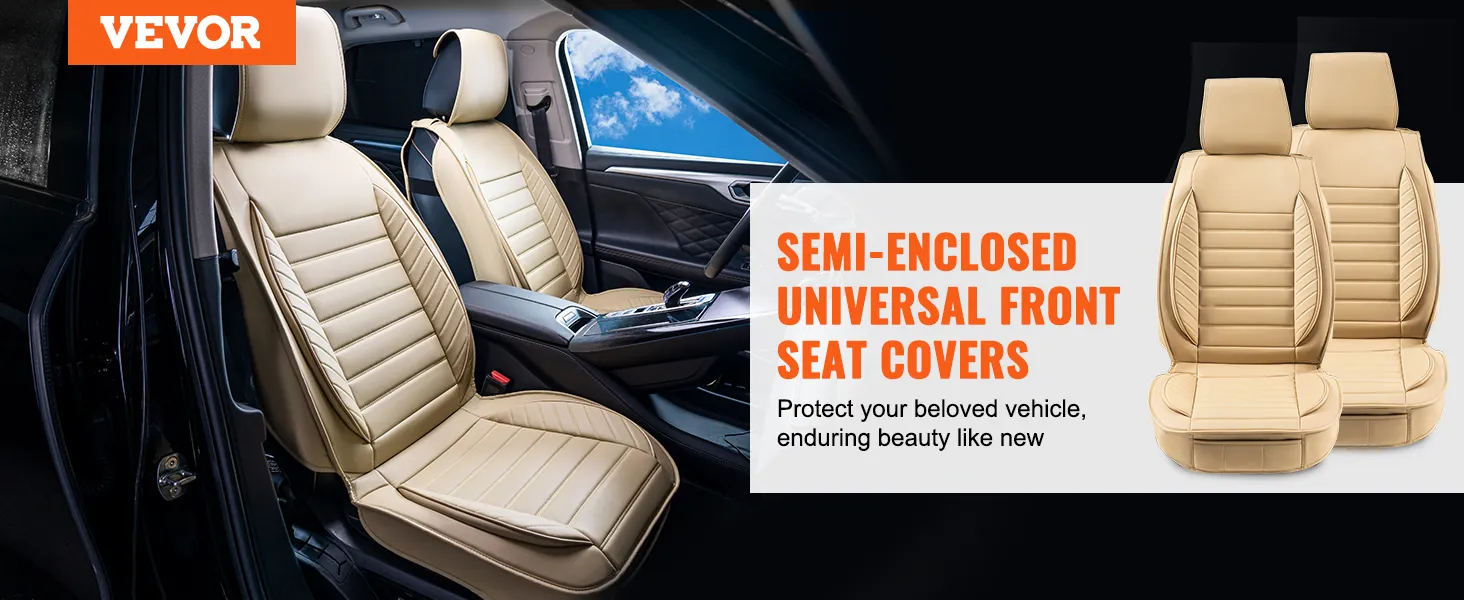 VEVOR universal car seat covers in beige, front seat installation, semi-enclosed design.