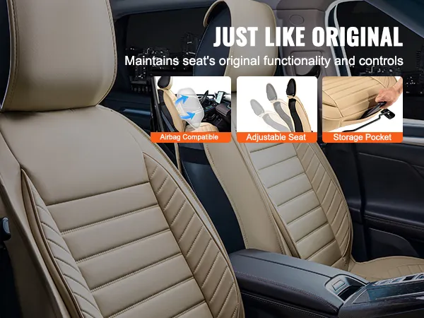 VEVOR universal car seat covers: airbag compatible, adjustable seat, and headrest with storage pocket.