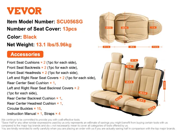 VEVOR 13-piece beige seat cover set with accessory details and measurements.