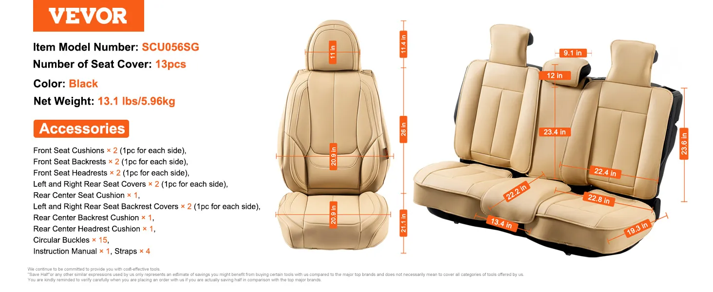 VEVOR 13-piece beige seat cover set with accessory details and measurements.