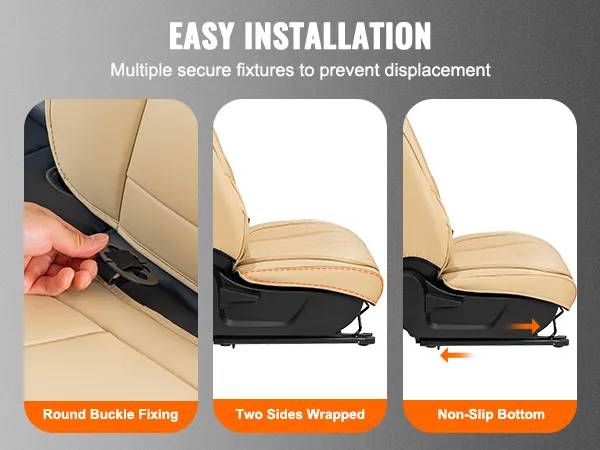 easy installation of VEVOR car seat covers: round buckle fixing, two sides wrapped, non-slip bottom.
