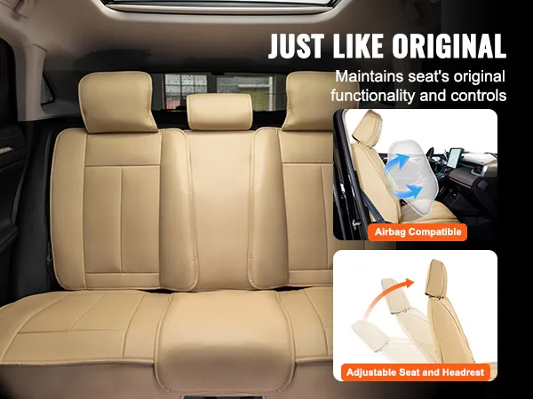 tan VEVOR car seat covers on vehicle seat, airbag compatible, adjustable seat and headrest.
