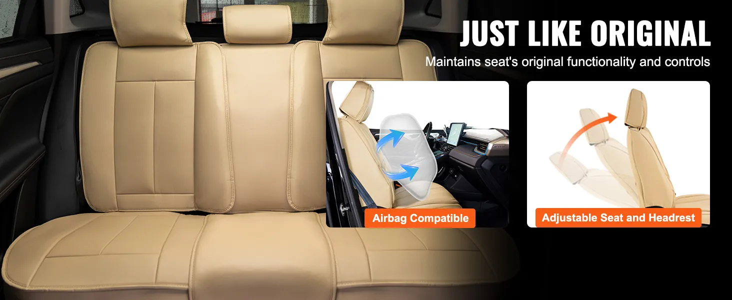 tan VEVOR car seat covers on vehicle seat, airbag compatible, adjustable seat and headrest.