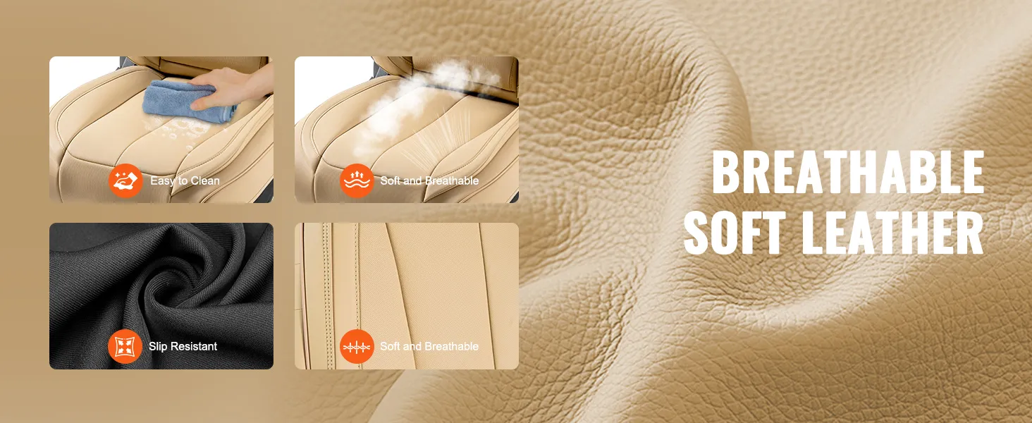 breathable soft leather VEVOR car seat covers with synthetic leather, high resilience foam, and anti-slip fabric.