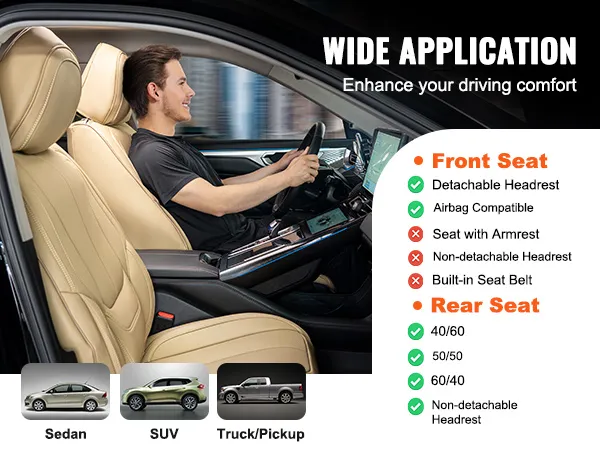 VEVOR car seat covers in beige, compatible with sedan, suv, and truck/pickup, enhancing comfort.