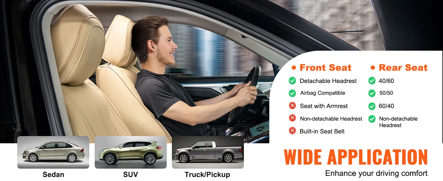 VEVOR car seat covers in beige, compatible with sedan, suv, and truck/pickup, enhancing comfort.