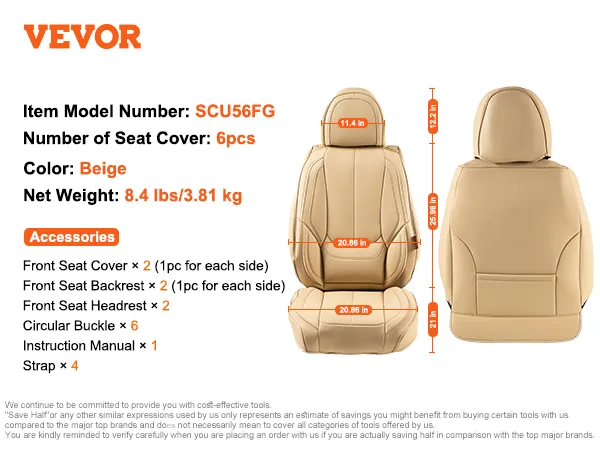 VEVOR seat covers scu56fg, 6pcs beige, 8.4 lbs, with accessories including buckles and straps.