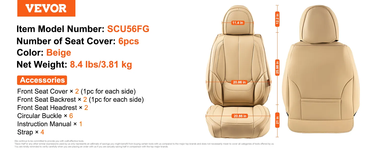 VEVOR seat covers scu56fg, 6pcs beige, 8.4 lbs, with accessories including buckles and straps.