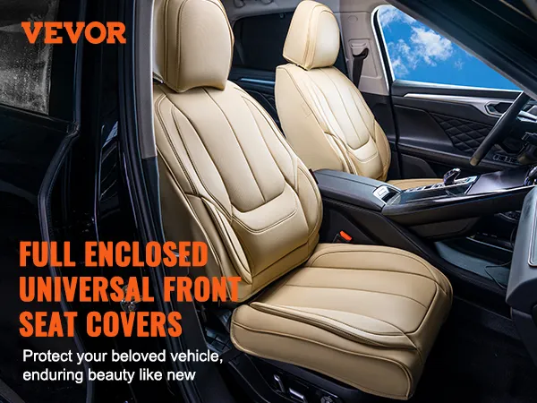 VEVOR seat covers on beige car seats, highlighting full enclosure and universal fit for front seats.