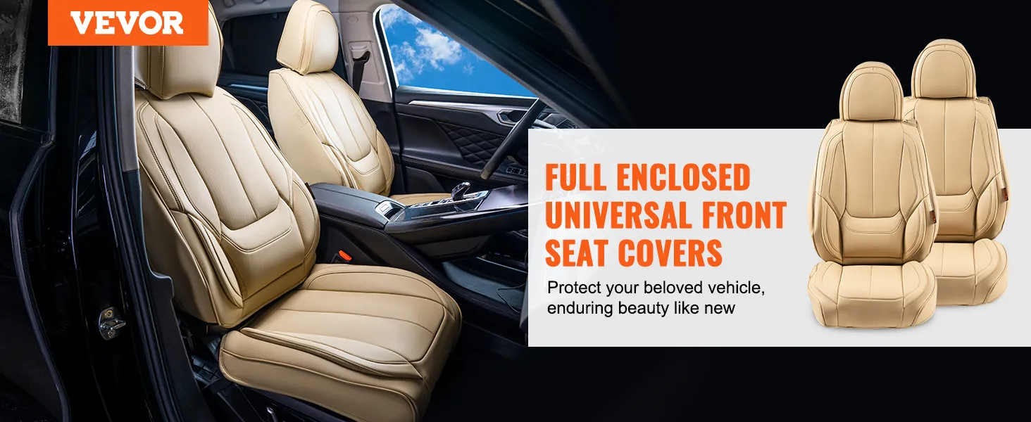 VEVOR seat covers on beige car seats, highlighting full enclosure and universal fit for front seats.