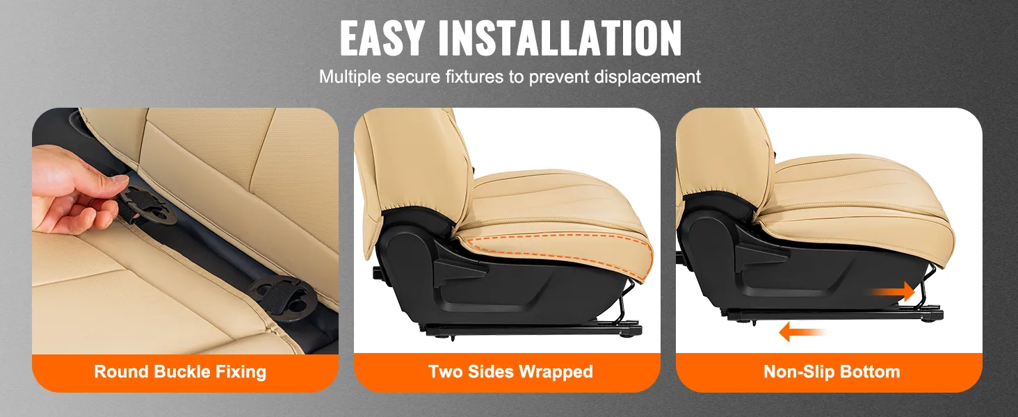 easy installation of VEVOR seat covers with round buckle fixing, two sides wrapped, and non-slip bottom.