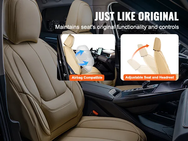 VEVOR seat covers: airbag compatible, adjustable seat and headrest, maintains original functionality.