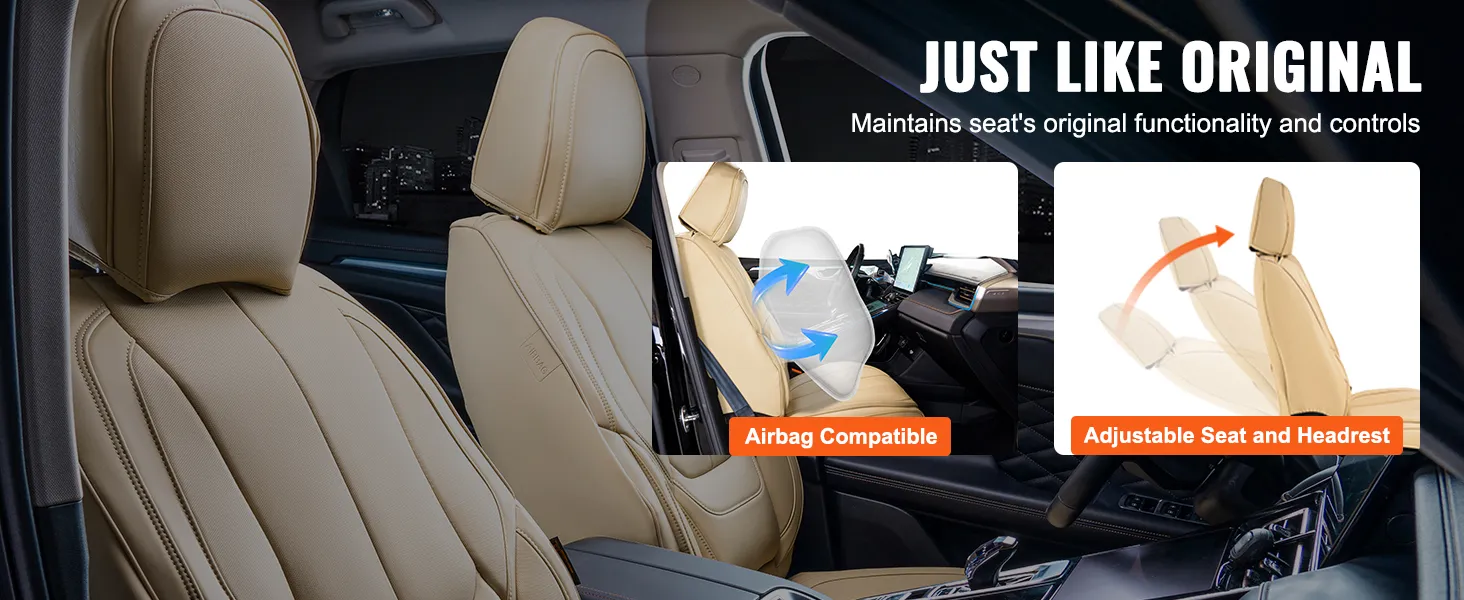 VEVOR seat covers: airbag compatible, adjustable seat and headrest, maintains original functionality.