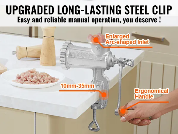 VEVOR manual meat grinder with steel clip, ergonomic handle, and enlarged arc-shaped inlet.