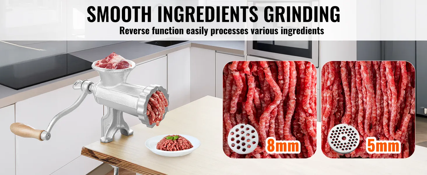 VEVOR manual meat grinder on a kitchen counter with close-ups of 8mm and 5mm grind sizes.