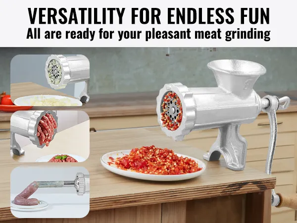 VEVOR manual meat grinder on a kitchen counter with ground meat and diced vegetables.