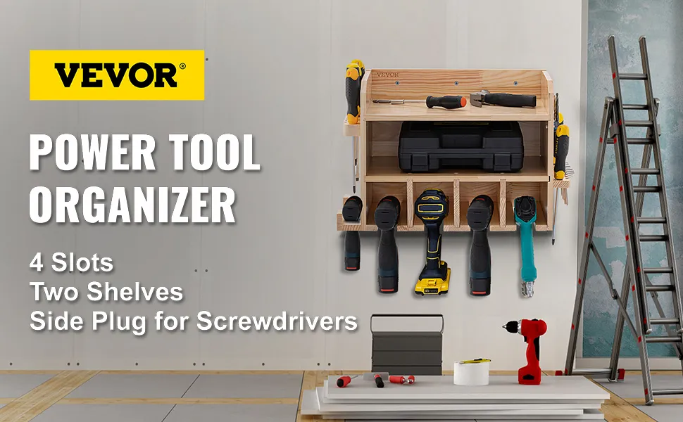 VEVOR power tool organizer with 4 slots, two shelves, and side plug for screwdrivers in workshop setup.