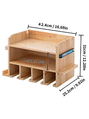 VEVOR power tool organizer, wooden shelf with dimensions labeled: 42.4cm x 25.2cm x 31cm.