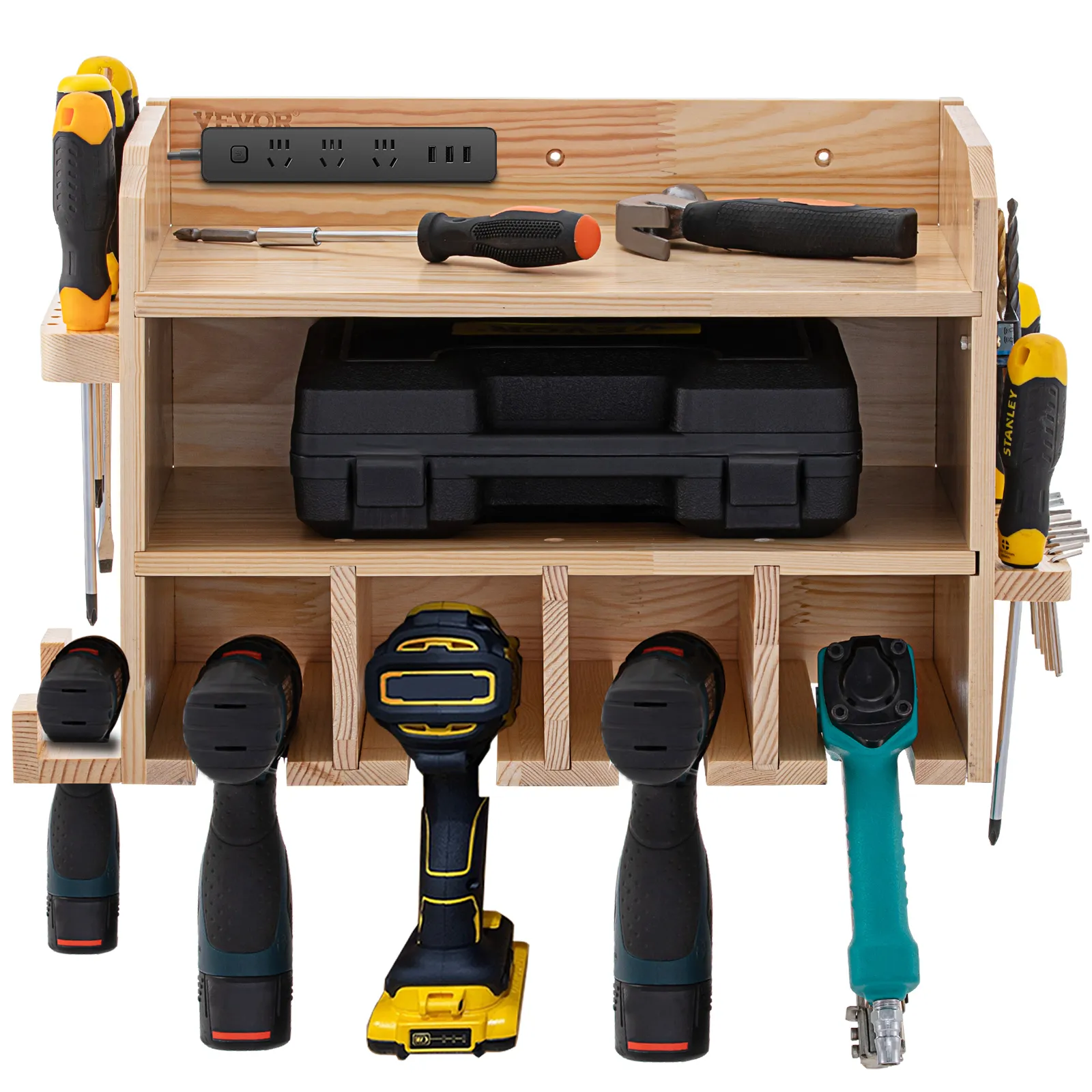 VEVOR power tool organizer with wooden shelves, slots for drills, screwdrivers, and integrated power strip.
