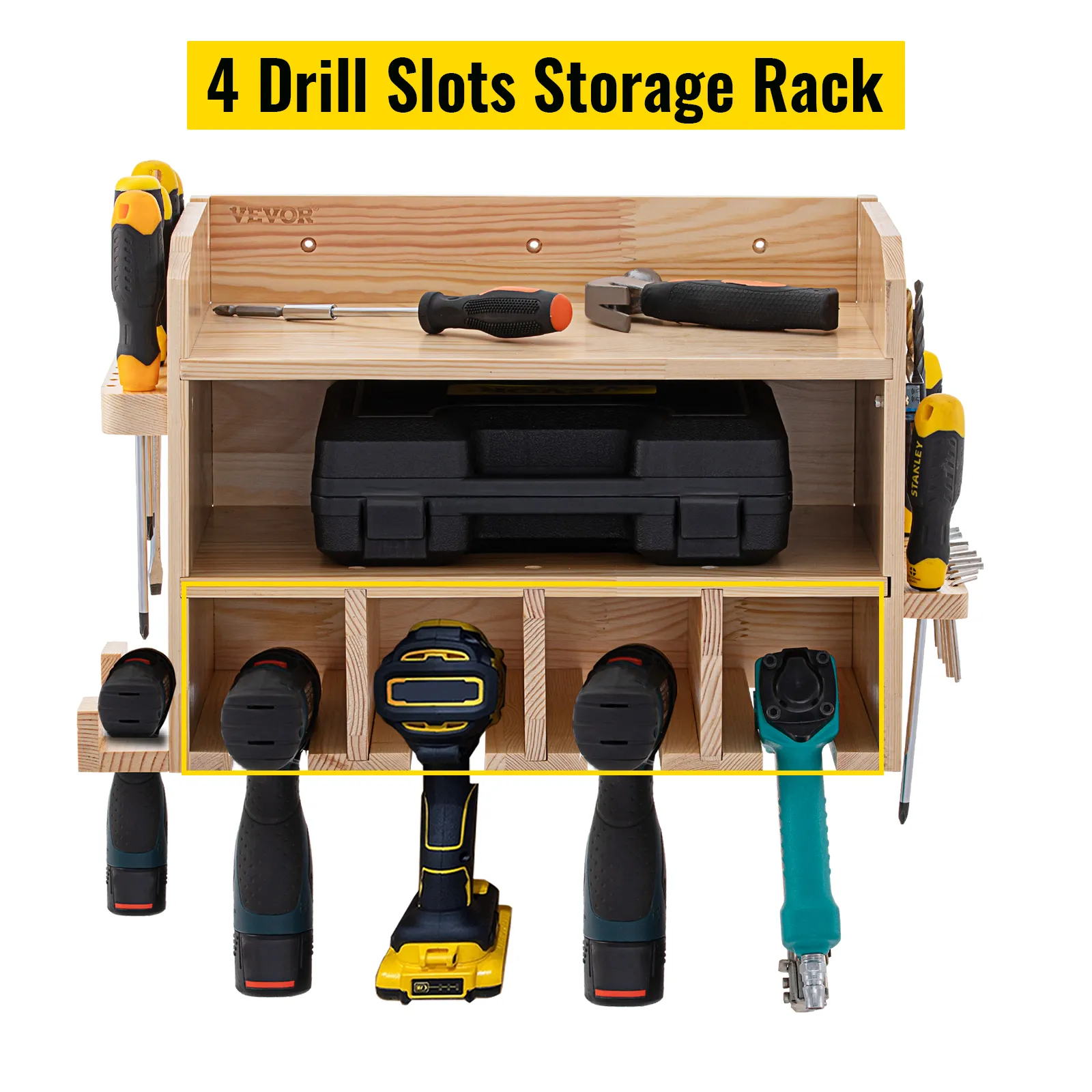 VEVOR power tool organizer with 4 drill slots, screwdrivers, and a toolkit on a wooden rack.