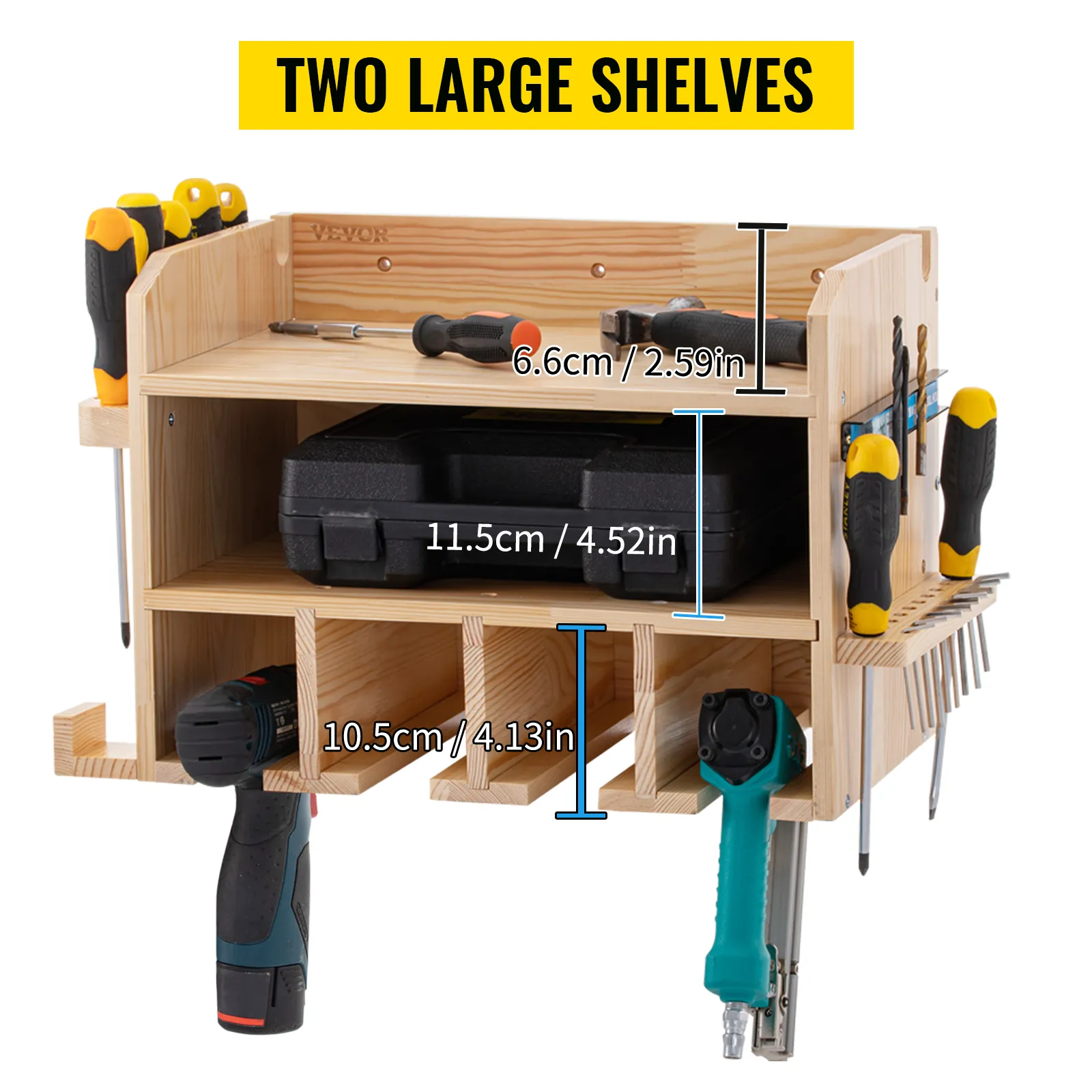 VEVOR power tool organizer with two large shelves, holds drills, screwdrivers, and various tools.