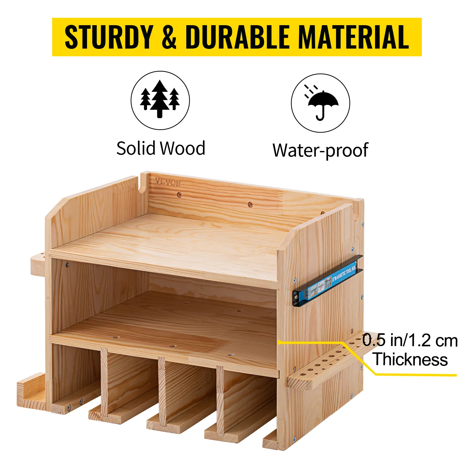 VEVOR power tool organizer made of solid wood, water-proof, 0.5 in/1.2 cm thickness for durability.
