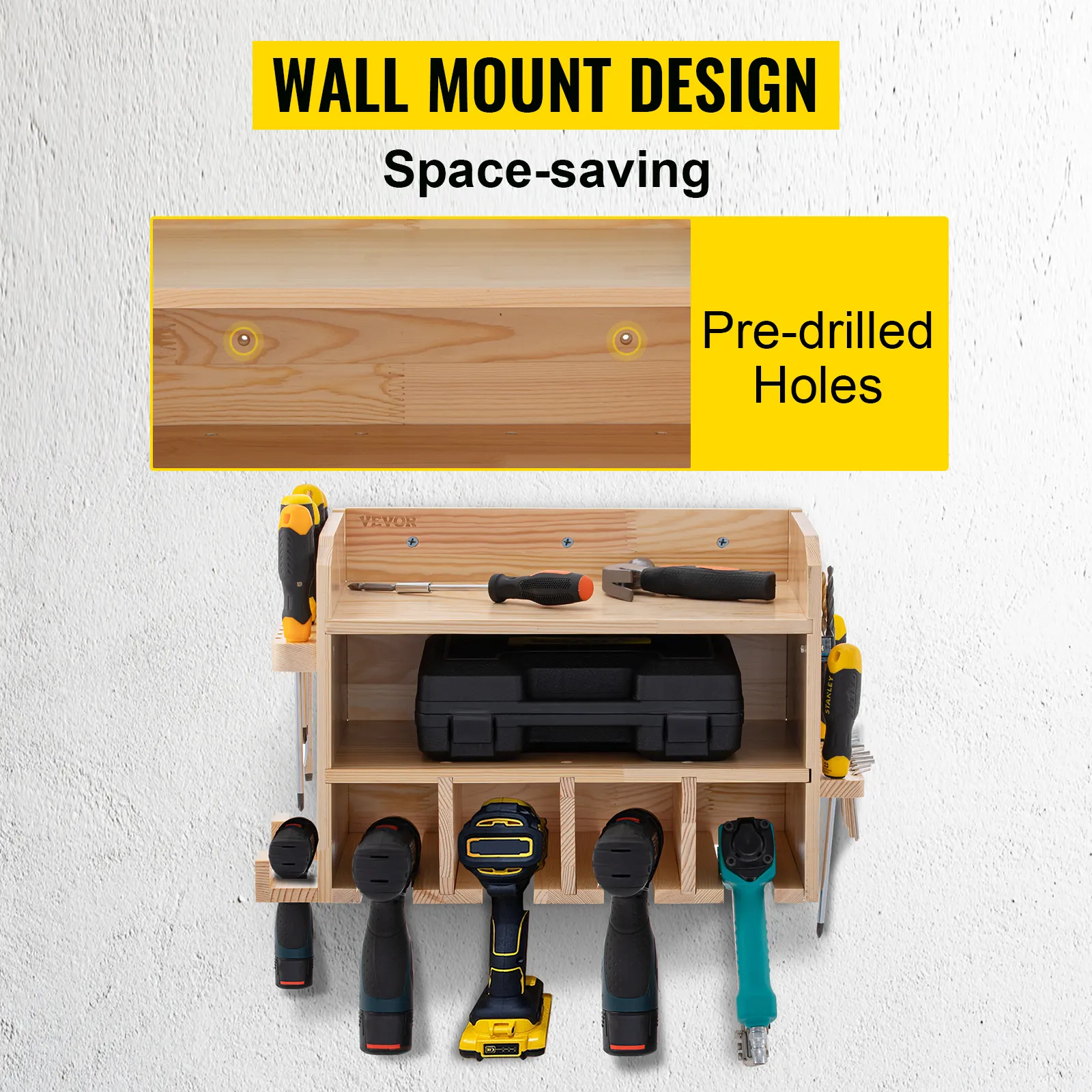 wall mount VEVOR power tool organizer with pre-drilled holes, holding drills and screwdrivers.