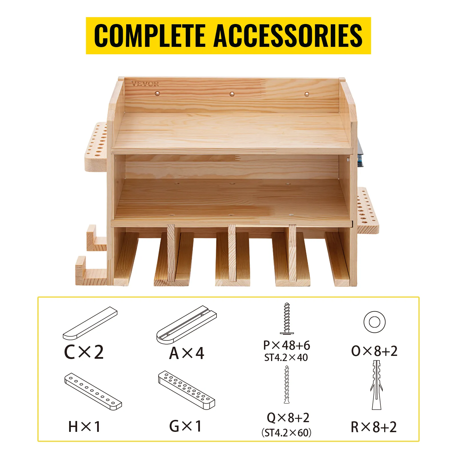 VEVOR power tool organizer with complete accessories, wood structure, and detailed hardware components.