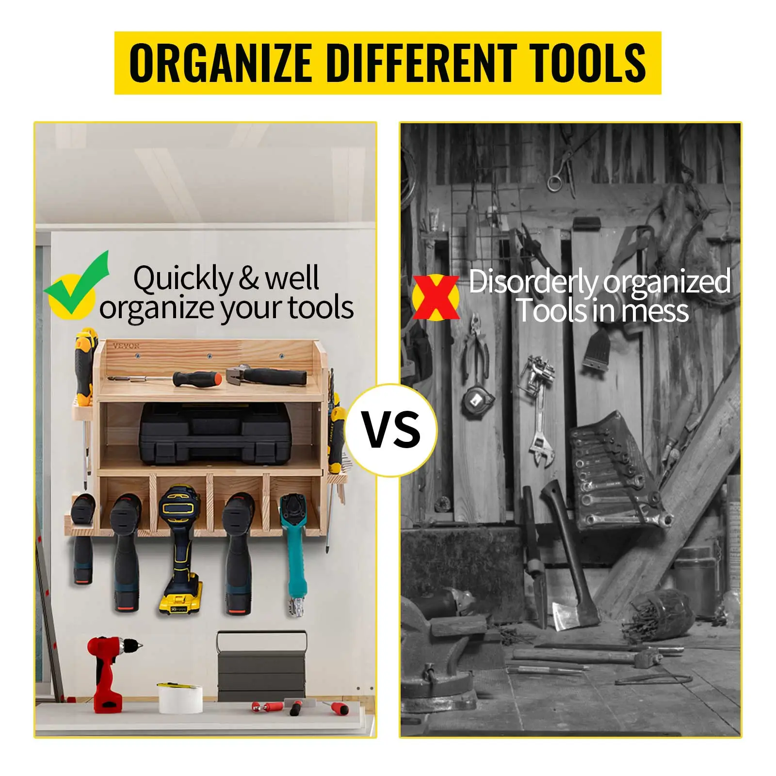 VEVOR power tool organizer showcasing neatly organized tools versus cluttered, messy tool storage.