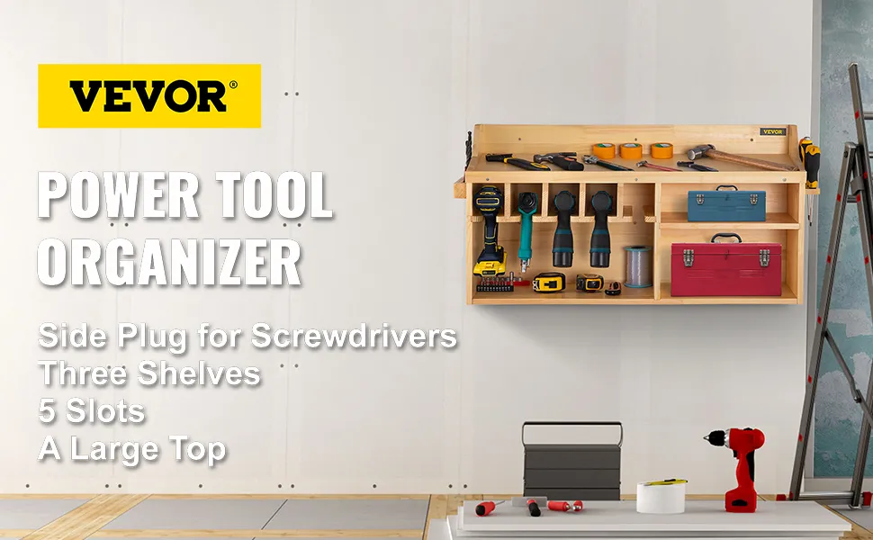 VEVOR power tool organizer with shelves, slots, and side plug for screwdrivers in a workshop setting.