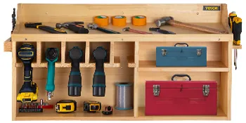 VEVOR power tool organizer holding drills, hammers, tape rolls, toolboxes, and various hand tools in storage slots.