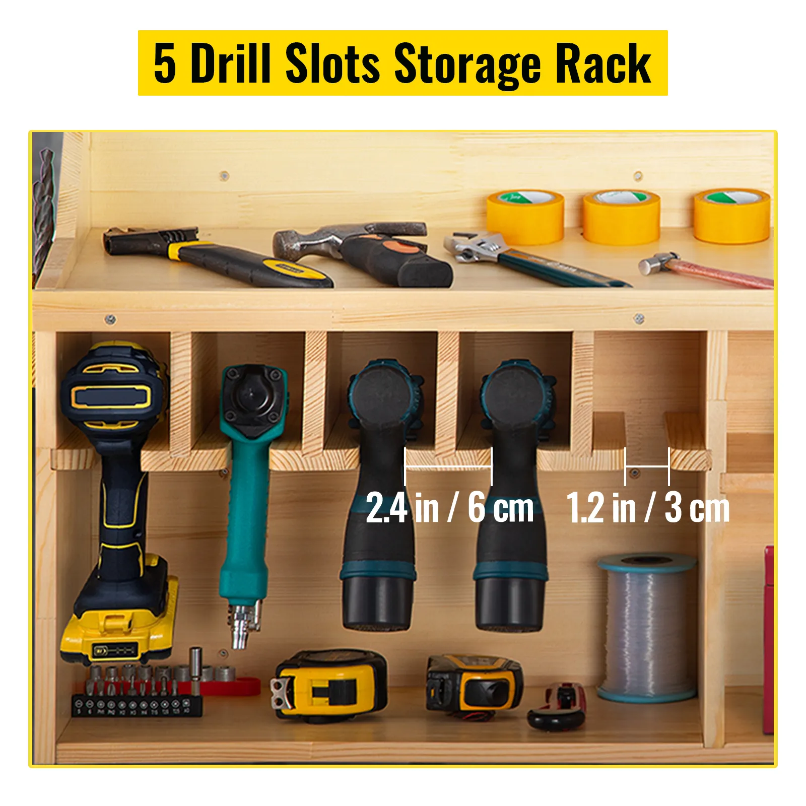 VEVOR power tool organizer with 5 drill slots, tape rolls, and assorted tools on a wooden storage rack.