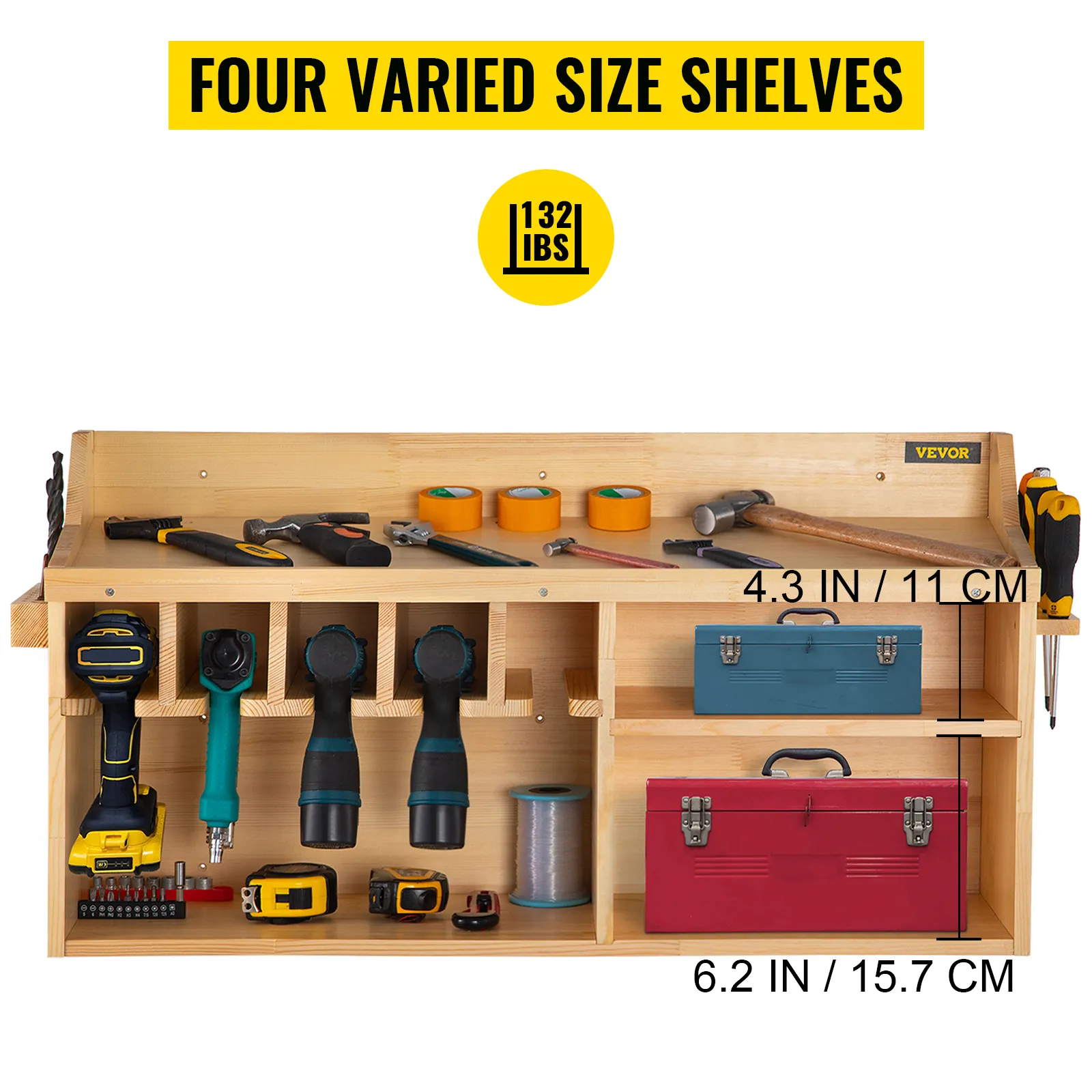 VEVOR power tool organizer with varied shelves, holding tools and boxes, supporting 132 lbs.