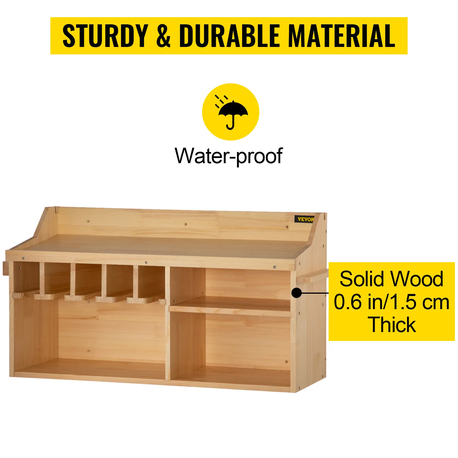 VEVOR power tool organizer, waterproof, sturdy solid wood construction, 0.6 in/1.5 cm thick.