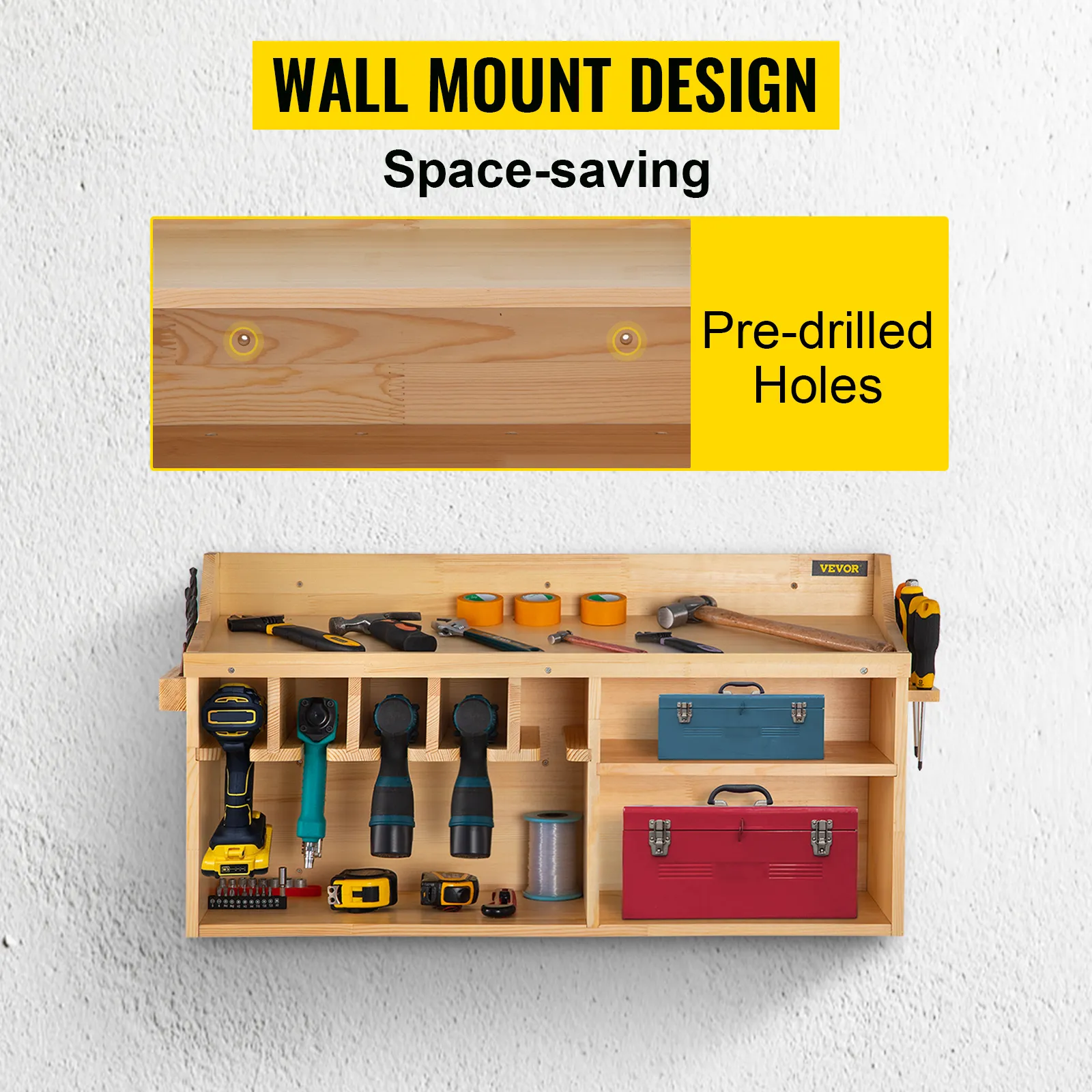 VEVOR power tool organizer with wall mount design, pre-drilled holes, and space-saving storage.