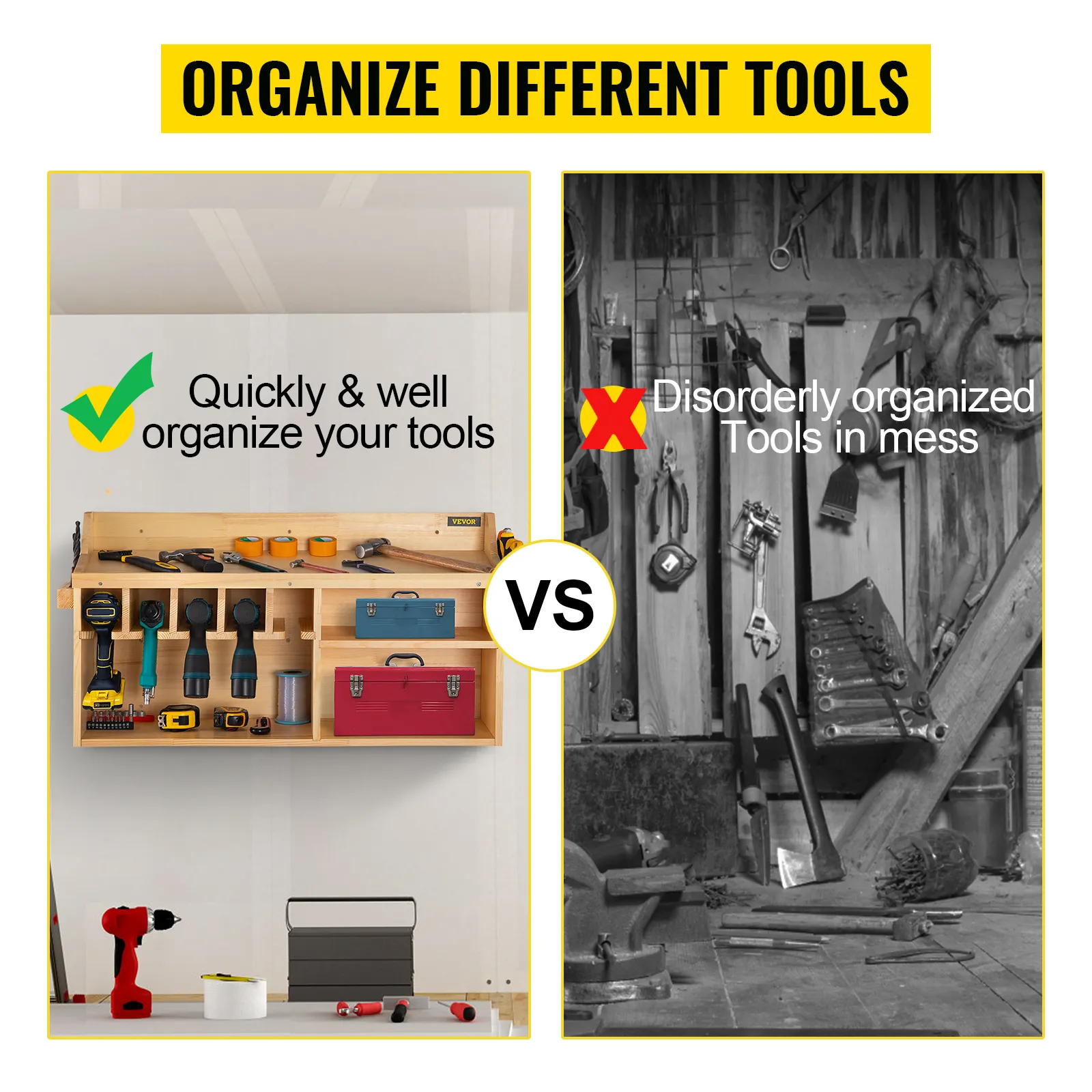 VEVOR power tool organizer showcasing well-organized tools vs. disorganized tools in a cluttered workspace.