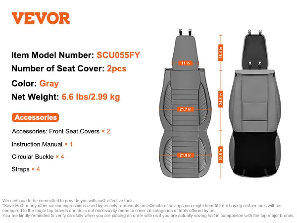 VEVOR seat covers, gray, model scu055fy, 2pcs, 6.6 lbs, with accessories including buckles and straps.