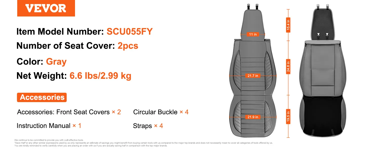 VEVOR seat covers, gray, model scu055fy, 2pcs, 6.6 lbs, with accessories including buckles and straps.