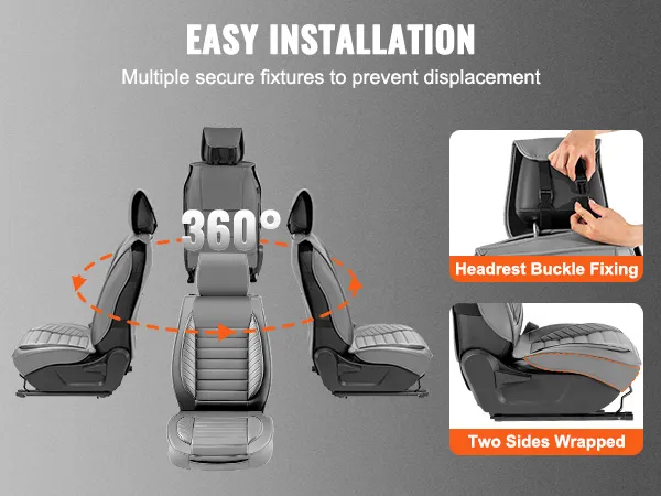 VEVOR seat covers installation with 360-degree view, two sides wrapped, and headrest buckle fixing for ease.