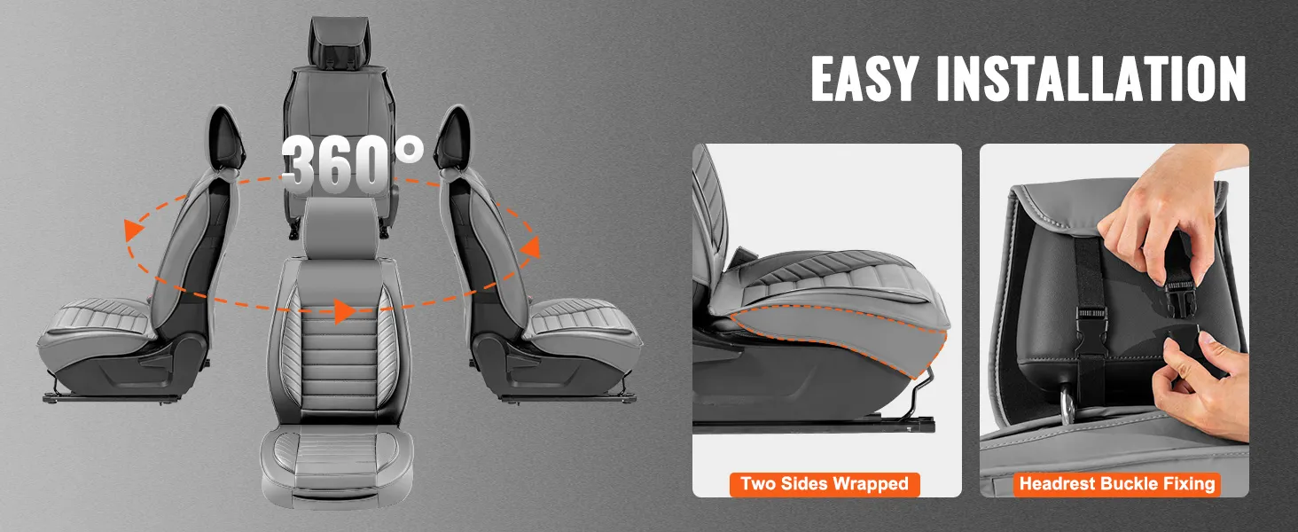 VEVOR seat covers installation with 360-degree view, two sides wrapped, and headrest buckle fixing for ease.