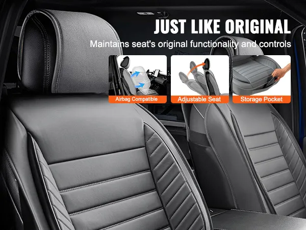 VEVOR seat covers: airbag compatible, adjustable seat and headrest, and storage pocket features.