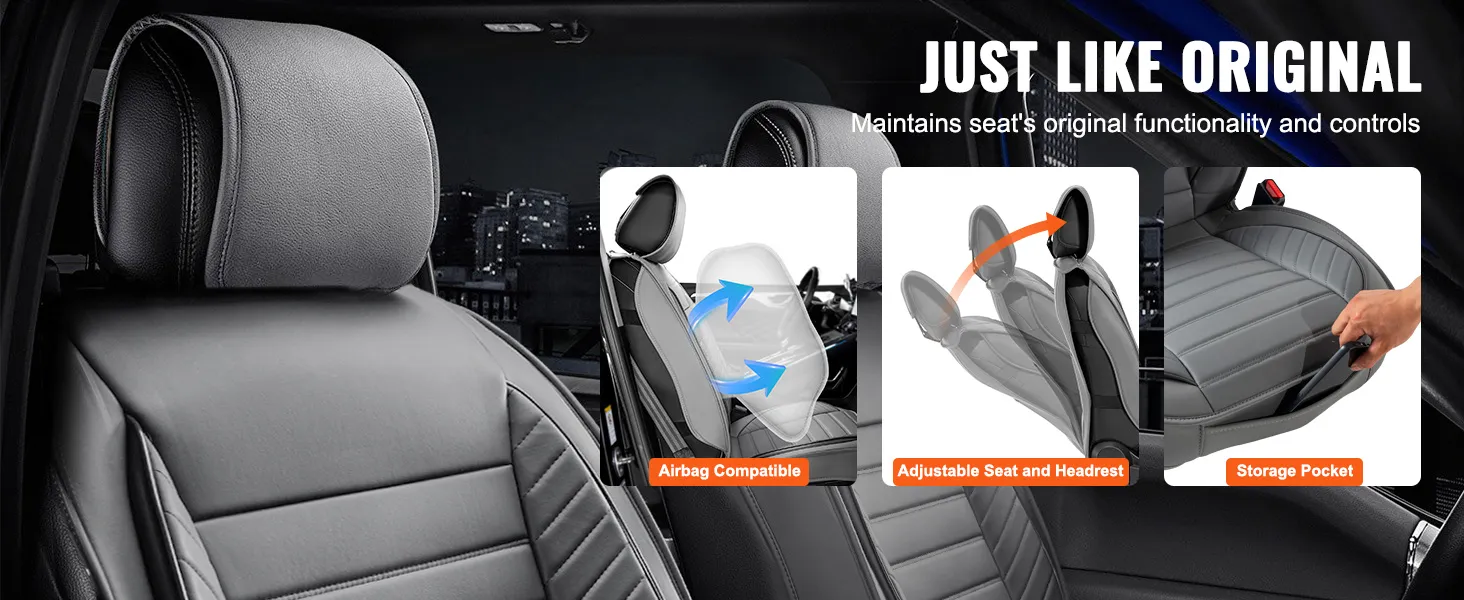 VEVOR seat covers: airbag compatible, adjustable seat and headrest, and storage pocket features.