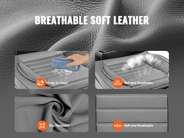 breathable soft leather with easy-to-clean, tear-resistant, and wear-resistant layers; VEVOR seat covers.