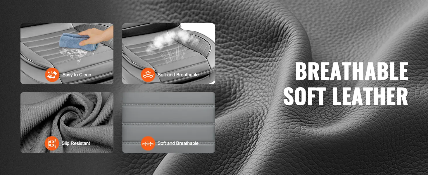 breathable soft leather with easy-to-clean, tear-resistant, and wear-resistant layers; VEVOR seat covers.