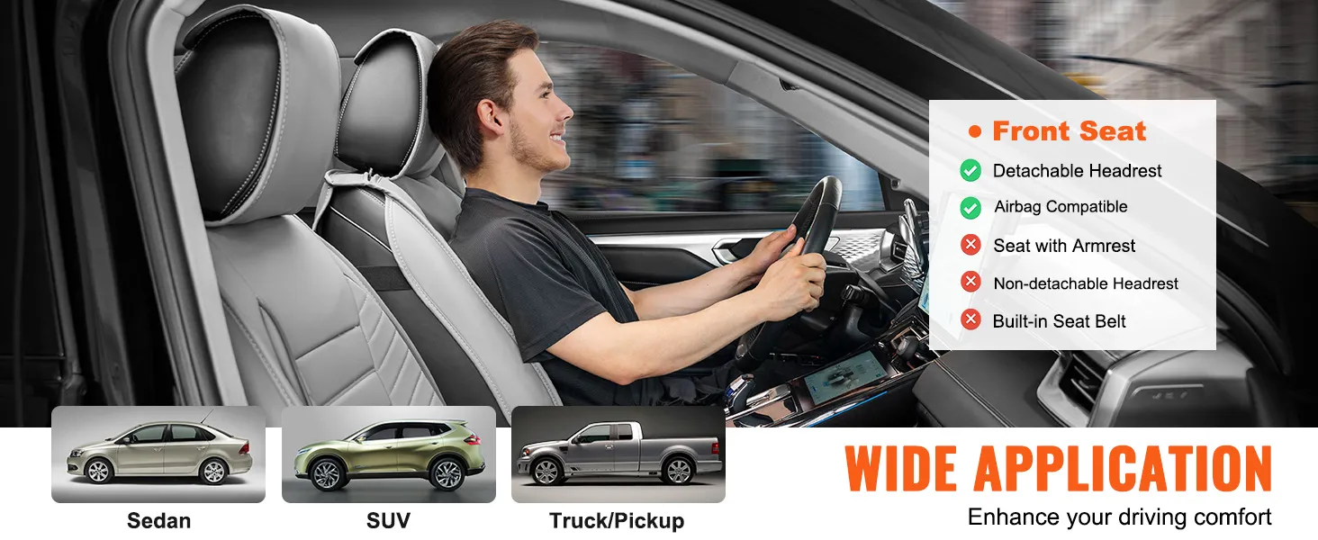 VEVOR seat covers front seat compatibility with sedans, suvs, and trucks, highlighting key features.