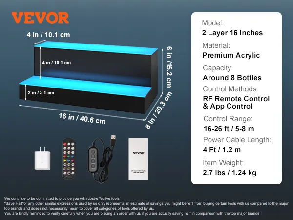 El exhibidor de botellas de licor LED VEVOR cuenta con un estante de acrílico de 2 capas y 16 pulgadas, control remoto y un cable de 4 pies.