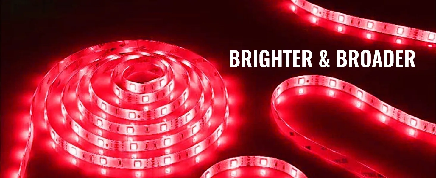 Tiras de luz LED rojas que brillan con el texto "más brillante y más amplio" - Exhibidor de botellas de licor LED VEVOR.