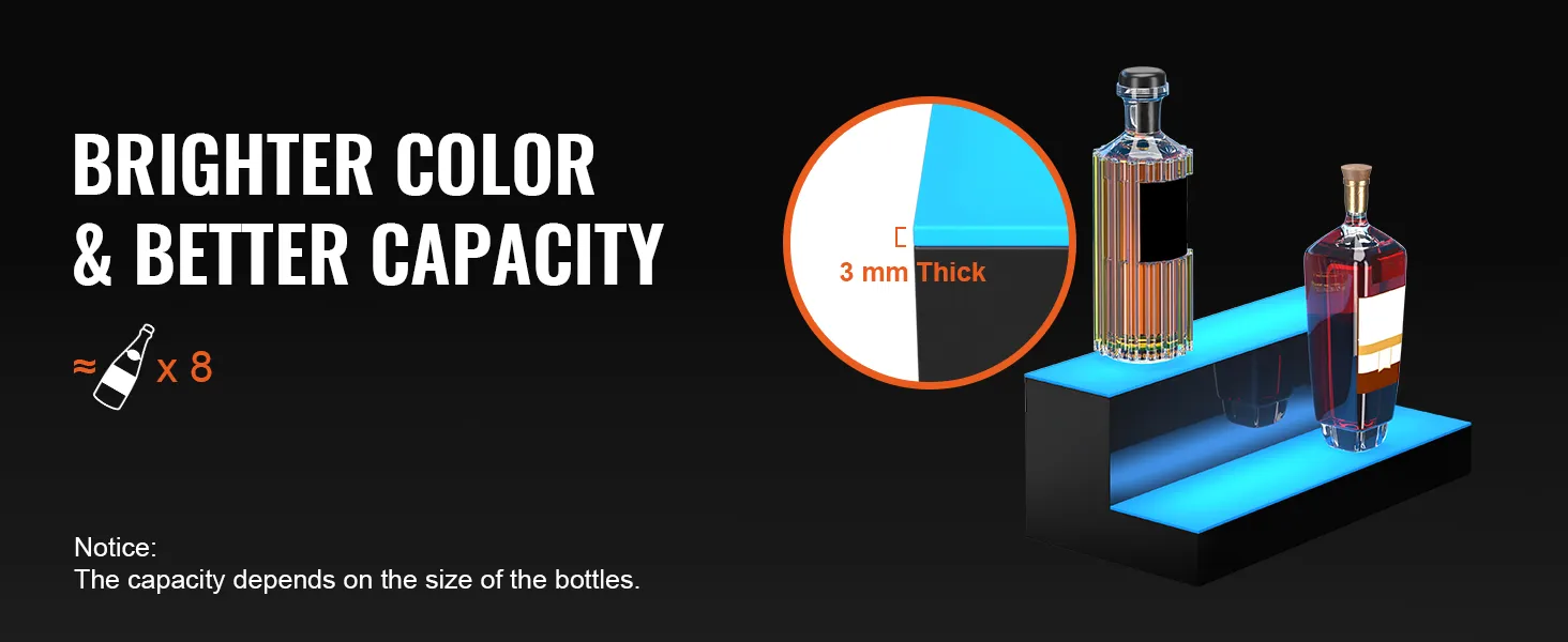 Exhibidor de botellas de licor LED VEVOR con colores más brillantes, mejor capacidad y estantes LED azules de 2 niveles.