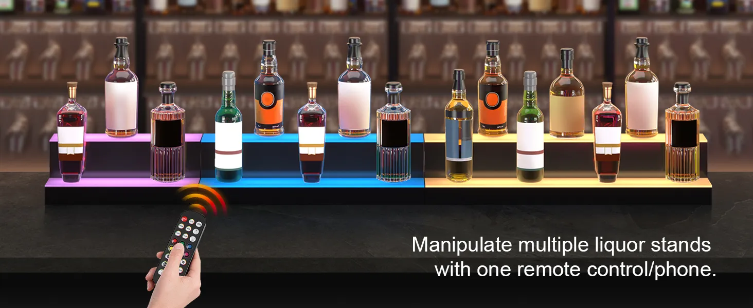 Control remoto de mano que controla una colorida exhibición de botellas de licor LED VEVOR con múltiples soportes para licores.