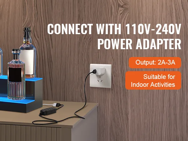 Exhibidor de botellas de licor LED VEVOR con botellas, conectadas a un adaptador de corriente de 110v-240v sobre un fondo de madera.